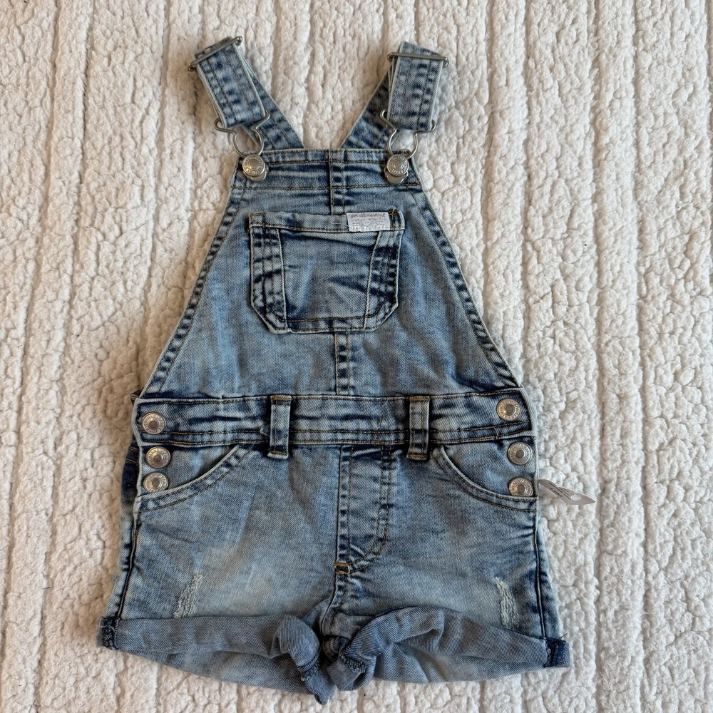 7 For All Mankind New Baby Light Wash Denim Short Overalls Distressed‎ 12 Months